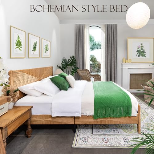 Hand-Woven PE Rattan King Bed Frame with Headboard and Footboard, Boho Mid Century Modern Bedframe with Vintage Pattern, Wicker Bed with Metal Frame and Slats, No Box Spring Needed, 1000lbs