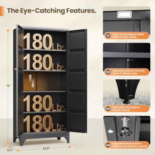 Metal Pantry Cabinet,- 72" Black Kitchen Pantry Storage Cabinet with Doos and Adjustable Shelves for Kitchen, Living Room,Dining Room,Home - color: Black, size: 72"H Larger