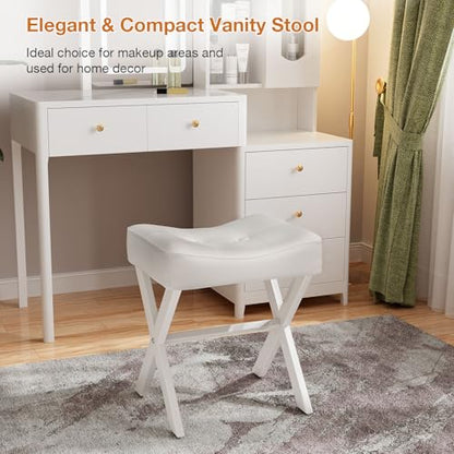 18-Inch Leather Vanity Stool Chair, White Makeup Stool | Vanity Bench, Metal X-Leg, Ottoman Accent Stool, Thick Padded Saddle Seat, 300 LBS, 16.3"x12.4"x18", For Living Room, Bedroom - size: Small, style: White Leather