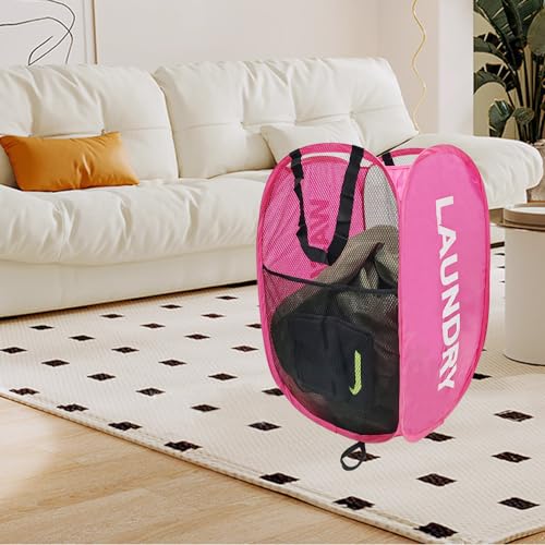 Pop Up Laundry Hamper Collapsible Laundry Basket Mesh Foldable Pink Dirty Clothes Hamper with Handles for Home, Bathroom, Bedroom, Travel, Cruise - color: Pink