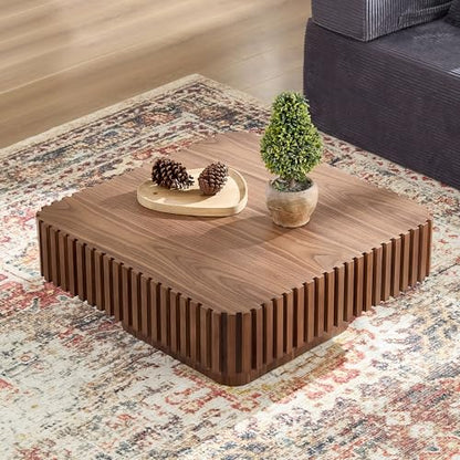 JUSTONE 35-inch Mid-Century Modern Drum Coffee Table, Handcrafted Wood Round Center Table for Living Room, Home Office, Walnut - color: 35.43'' - Walnut-1