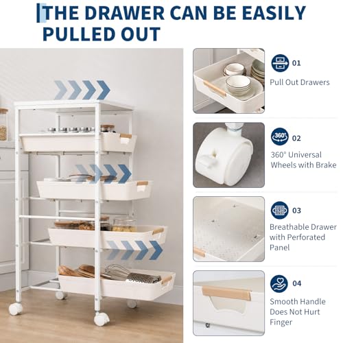 Garvee 5-Tier Slim Rolling Storage Cart, 12.6" Wooden Top Narrow Kitchen Carts on Wheels with Pull-Out Baskets, Mobile Shelving Unit Organizer for Kitchen, Bathroom, Laundry Room, Small Spaces