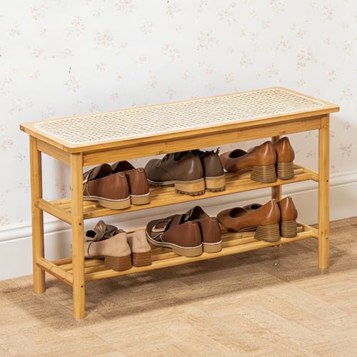 latifolia Shoe Rack Bench, 3-Tier Bamboo Shoe Bench with Breathable Rattan Seat Cushion, Shoe Storage Rack for Entryway(Nautre,31.50''L) - color: Nature, size: 31.50''L