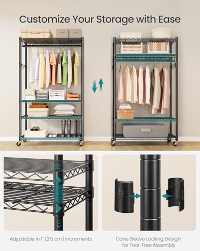 SONGMICS Heavy-Duty Rolling Clothes Rack, Garment Rack, Portable Closet on Wheels, with Adjustable Mesh Shelves and Hanging Rails, Hooks, 15.8 x 35.4 x 78.3 Inches, Ink Black ULGR418BH01 - size: 35.4"W-With Storage Shelves