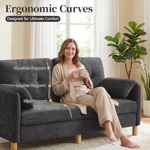 Mid Century Modern Couch, 65" Loveseat Sofa, Dark Grey | Storage Pockets, Upholstered Small Loveseat for Small Spaces, Bedroom, Home Office, Apartments - color: Dark Grey
