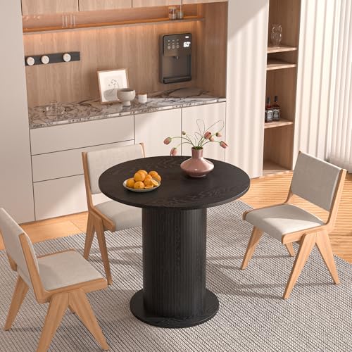 31.5 inch Round Dining Table for 2, Modern Farmhouse Kitchen Table | Small Circle Dining Tables with Wood Strip Base for Kitchen Living Room - color: Black