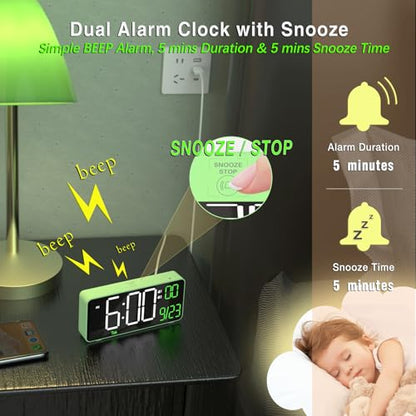 Digital Clock for Bedroom, 6.7in Desk Clock, Auto Dimming, Room Temperature, Day of The Week, Date, Seconds, Clocks for Living Room, Alarm Clocks for Bedrooms - color: Green (White + Green Digits)