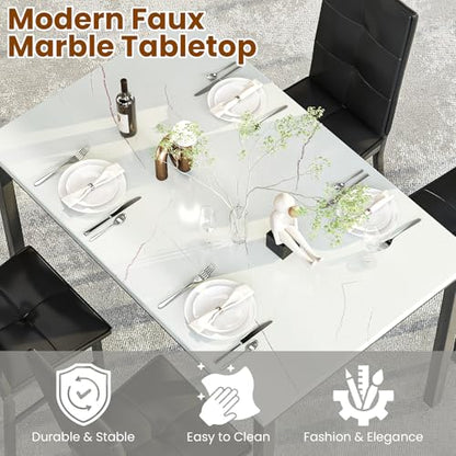 Hooseng Dining Table Set for 4, Faux Marble Small Kitchen Table with 4 PU Leather Chairs, Modern 5 Piece Dinner Table Set for Dining Room, Breakfast Nook, Samll Space, White & Black - color: White