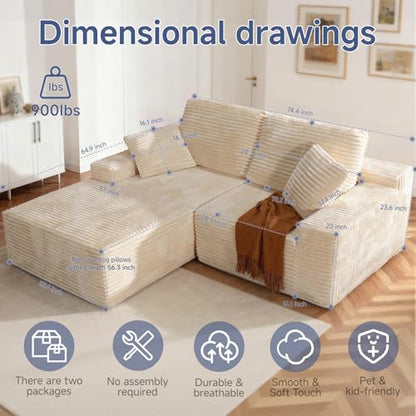 75" Cloud Modular Boneless Couch, Left Facing L-Shaped Chaise Sectional Sofa - No Assembly Required, Plush Corduroy & Memory Foam, for Living Room Bedroom Apartment (Beige) | Left Facing Chaise,No Assembly,Corduroy Fabric, High-Density Foam, Dorm Room, Ap