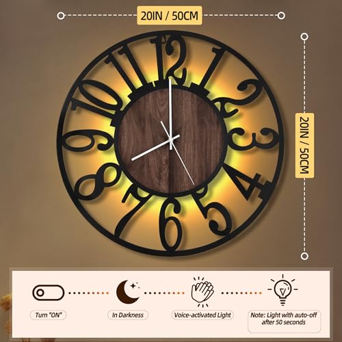 LEIKE Large LED Wall Clocks,Silent,Non Ticking,Battery Operated Rustic Round Modern Big Wood Wall Clock for Living Room, Bedroom,Kitchen,Farmhouse,Office,Home Decor -20" Black,LED,Arabic Number - color: Led-black Wood-arabic Number, size: 20 IN