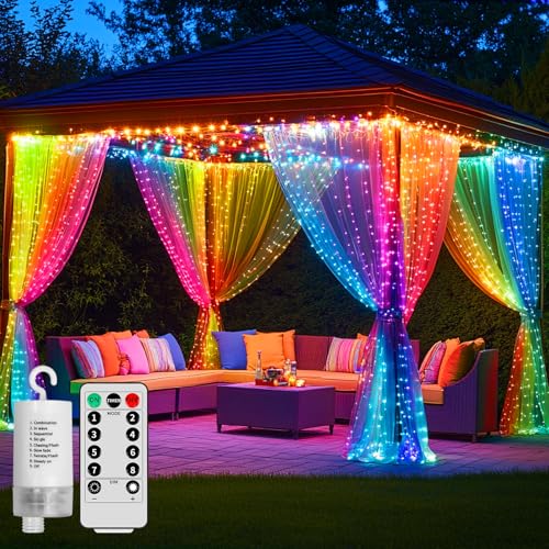 Curtain Lights Battery Operated 10x10Ft 300LED Waterproof Waterfall Light with 8 Modes Remote Dimmable Timer Memory Twinkle Fairy String Lights for Outdoor Indoor Gazebo Wedding Pergola Patio Bedroom - color: Multicolor 300LED