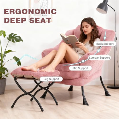 Modern Lazy Chair with Ottoman Lounge Accent Reading Chair for Living Room | Foldable Footstool,Removable Cover,Soft Padded Seat & Backrest,Upholstered Comfy Chair for Bedroom,Dorm,Office,Small Space - color: Plush Dark Pink
