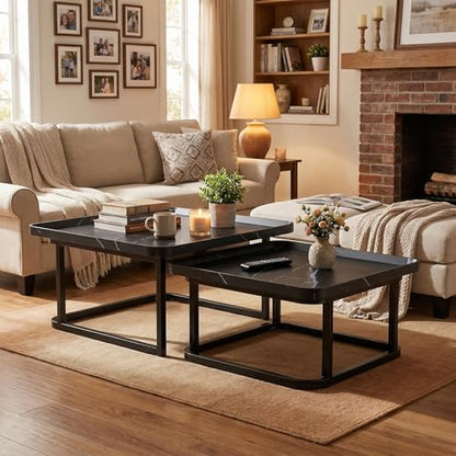 Nesting Coffee Table Set of 2 – Square Small Coffee Tables for Living Room, Bedroom, Balcony, Versatile End Table Set,Space Saving Mid Century Modern Nesting Coffee Tables Stackable, - color: Black