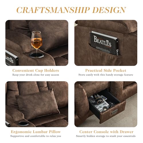 Loveseat Recliner Sofa,RV Wall Hugger Recliners with Flip-up Console,Reclining Loveseat Sofa Recliner with Cup Holders/Lumbar Pillows for Small Spaces,RV Furniture (Chestnut,68" 2-Seater) - color: Chestnut, size: 68" 2-Seater