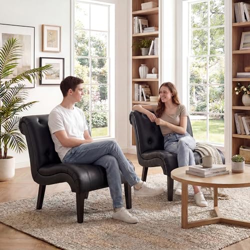 PU Leather Accent Chairs Set of 2 Button Tufted Upholstered Modern Armless Lounge Chair for Bedroom Living Room Side Chairs with Wood Legs Black - color: Black Pu, size: 2 Chairs