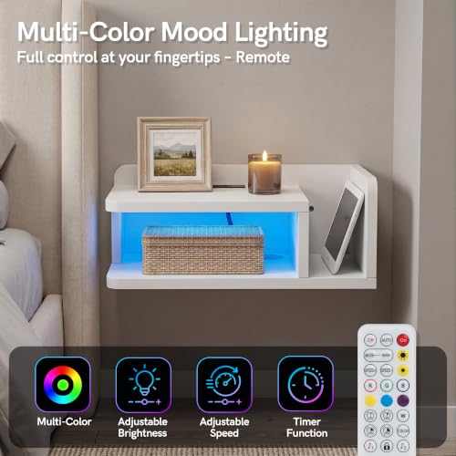 Afuly Floating Nightstand Set of 2 White Bedside Table with ChargingStation | Wall Mounted Side Table with Led Light Modern Minimalist End Table Small Hanging Storage Organizer for Bedroom, Apartment