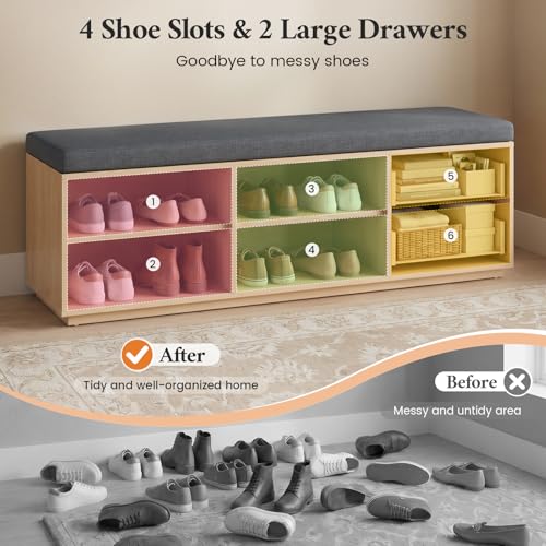 59" Storage Bench with Drawer, 2-Tier Shoe Bench with Doors, Long Entryway Bench, Thickened Cushion, Adjustable Shelf, Recessed Design for Entryway, Bedroom, Living Room, Natural