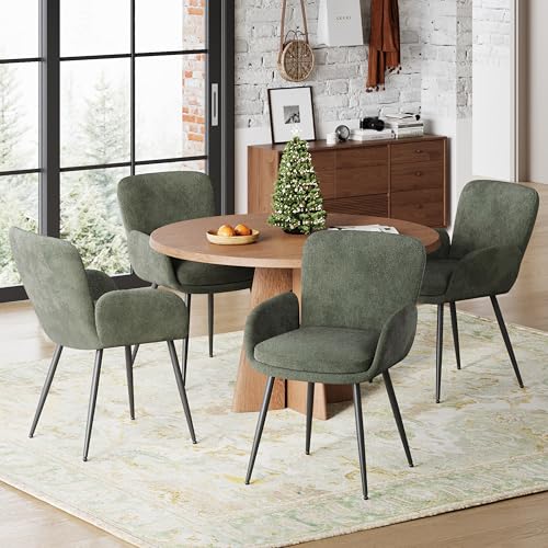 VKNOW Modern Upholstered Dining Chairs Set of 4 with Armrest, Green | Armed Dining Room Chairs with Metal Legs, Kitchen Chairs for Restaurant Kitchen Living Room - color: Green, size: Set of 4