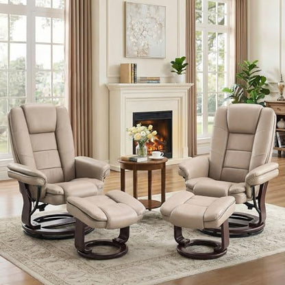 Swivel Recliner Chair with Ottoman Reclining Lounge Sofa Footrest, Set of 2 | 360°Sturdy Wood Base, Soft Faux Leather, Upholstered Ultra-Plush Foam, Modern Armchair, Living Room Bedroom Office Reading - color: Taupe, size: Set of 2