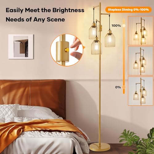 Dimmable Industrial Floor Lamp with 3 Cage Heads, 68.5" Gold Tree Standing Lamp with Stepless Dimming, Modern Farmhouse Tall Pole Light for Living Room, Bedroom, Office, E26 Base (Bulbs Included) - color: Gold