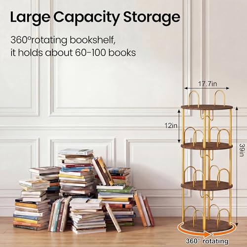 3 Tier Rotating Bookshelf, 360° Spinning Bookshelf Tower, Narrow Corner Book Shelf, Revolving Bookcase Corner Tall Book Shelf for Small Spaces, Bedroom, Living Room, Gold - color: Gold, size: 3 Tier, 43″H