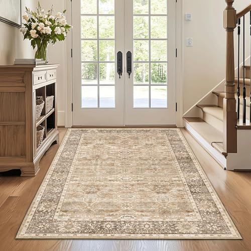 3x5 Washable Area Rug for Living Room Bedroom Entryway Beige | Non-Slip Low Pile Boho Vintage Distressed Entryway Rug Traditional Floral Retro Accent Throw Carpet for Bathroom Kitchen - color: Beige, size: 3'*5'(Rectangular)