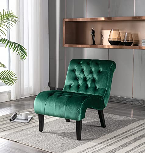 Comfy Velvet Accent Chair, Tufted Armless Side Chair with Rolled Edge | Modern Small Lounger for Living Room, Upholstered Reading Chaise Lounge with Solid Rubber Wood Legs, Green - color: Green, size: Set of 1