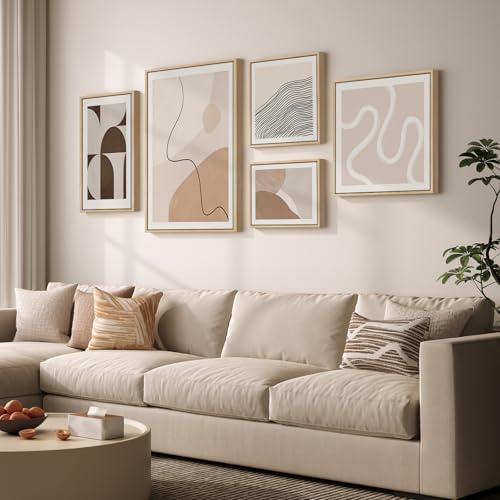 Large Framed Neutral Abstract Wall Art for Living Room, 5 Piece Beige Brown Canvas Prints Paintings Artwork for Walls, Modern Geometric Minimalist Pictures for Bedroom Dining Room Office Wall Decor - color: Beige - 5Pcs