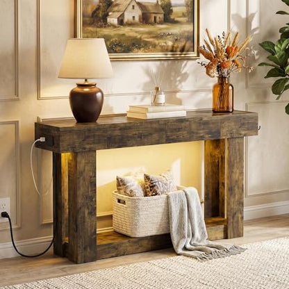 47'' Console Table with 2 Drawers and Open Storage, Entryway Table with Socket, LED Light and Hooks, Narrow Long Wood Sofa Table Behind Couch Table for Living Room, Hallway, Foyer, Brown - size: 47'' IN