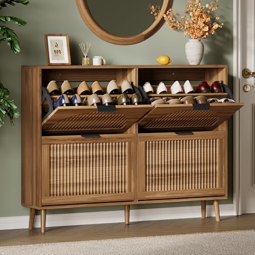 Xixini Shoe Storage Cabinet with 4 Flip Drawers, 36" Tall Narrow Wood Fluted Shoe Organizer for Entryway, Freestanding Wooden Hidden Slim Shoe Rack for Front Door Entrance, Hallway, Foyer, Dark Walnut - color: Dark Walnut, size: 4 Flip Drawers
