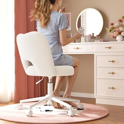 DurayLoly Vanity Chair with Open Back & Wheels White | Swivel, Fluffy Teddy Fabric, Height Adjustable,300lbs for Makeup Room, Vantiy, Bedroom - color: White