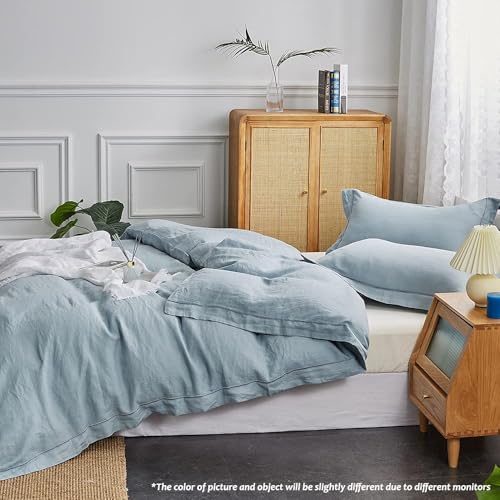 Simple&Opulence 100% Linen Duvet Cover Set with Embroidery Border Washed - 3 Pieces (1 Duvet Cover & 2 Pillow Shams) with Button Closure Soft Breathable Farmhouse - Dusty Blue, Full Size - color: Dusty Blue, size: Full