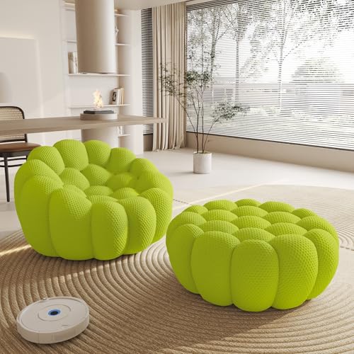 Modular Sectional Sofa,Bubble Couch Set,1 Seater+ Ottoman,Modern Upholstered Bean Bag Sofa Couch Mesh Fabric Lazy Floor Chair Living Roon Sets (Lemon Green) - color: Lemon Green, size: 48"+42"