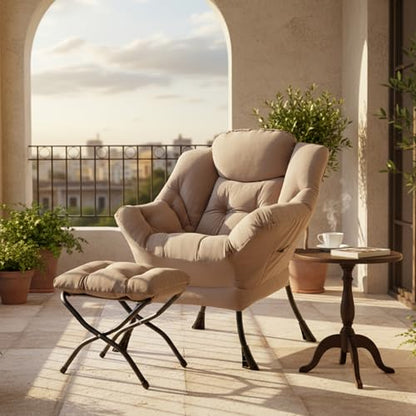 Lazy Chair with Ottoman, Comfy Reading Accent Chair, Velvet Khaki | Foldable Footrest, Padded Seat and Backrest, Side Pocket for Lounging in Living Rooms, Bedrooms, Dorms and Small Spaces - color: Khaki