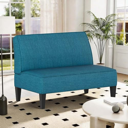 Small Loveseat, Blue Mini Sofa Couch Accent Upholstered Bench with Back Living Room Bedroom Office Armless Love Seat Settee - color: Blue