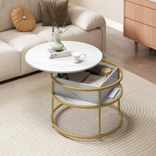 Tangkula Lift Top Coffee Table, 31.5" Round Center Table with Hidden Compartment & Side Shelves, 2-Tier Accent Cocktail Table for Living Room Apartment - color: White & Gold