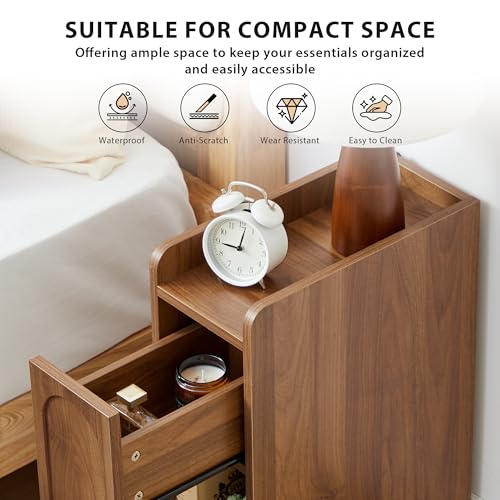 Narrow Nightstands Set of 2, Slim Bedside Tables with Raised Edge Top, Arched Drawer & Open Shelf, Modern Wooden Small End Tables for Bedroom Small Spaces (2, Walnut) - color: Walnut-arched Drawer, size: 2-Pack