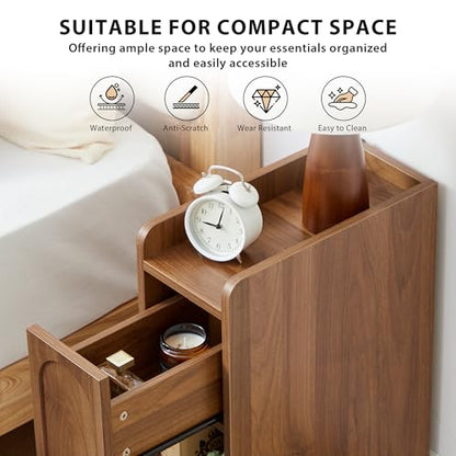 Narrow Nightstands Set of 2, Slim Bedside Tables with Raised Edge Top, Arched Drawer & Open Shelf, Modern Wooden Small End Tables for Bedroom Small Spaces (2, Walnut) - color: Walnut-arched Drawer, size: 2-Pack