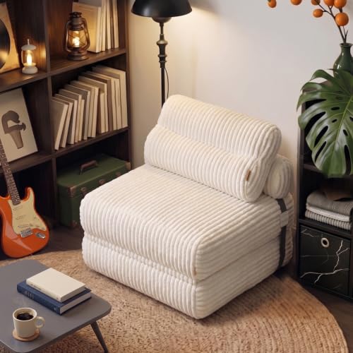 Boneless Folding Sofa Bed, Convertible Sleeper Chair, Off White | Boneless folding sofa bed, 3-in-1 sleeper chair & floor couch. Plush teddy fleece, lumbar pillows, space-saving, no assembly - color: Off-white