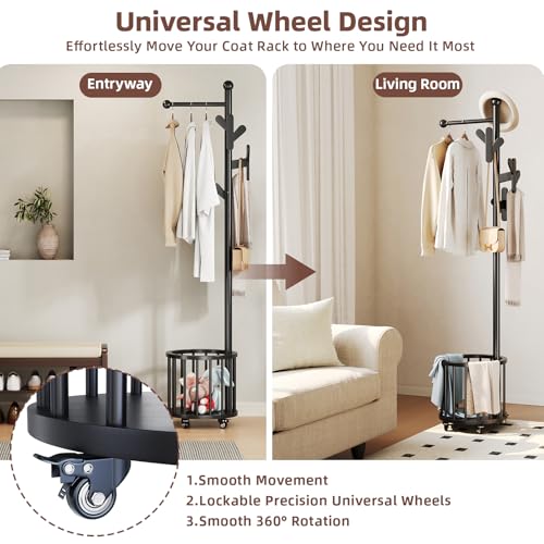 CozyDH Wooden Coat Rack Stand with Umbrella Holder and Wheels, Freestanding Hall Tree Coat Hanger with Multi Hooks, Heavy Duty Coat Tree for Entryway Bedroom Hallway Office，Black - color: Black, size: Round-15.7D×15.7W×72.8H