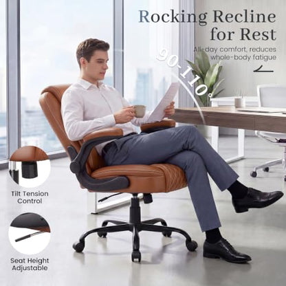 GTPOFFICE Executive Office Chair with Comfortable Lumbar Support, Ergonomic Gaming Chair with Flip-up Armrests & Zoned Pressure-Relief Cushion, Comfy PU Leather Desk Chair, Brown - color: Brown