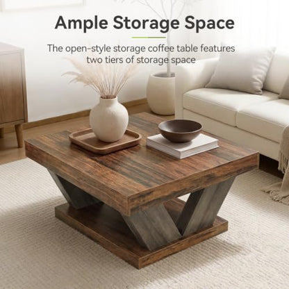 LITTLE TREE Coffee Table, Farmhouse Coffee Table with Large Storage Shelf | 2-Tier Rustic Wood Modern Center Table for Living Room、Home Office, Brown and Black - color: Black+brown