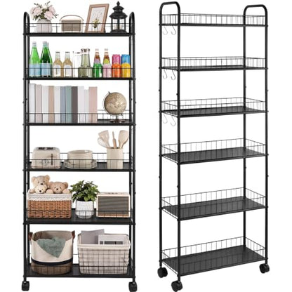6 Tier Rolling Storage Cart on Wheels, Slim Tall Narrow Storage Shelf for Small Spaces, Metal Utility Cart Freestanding Mobile Shelving Rack with Wheels for Kitchen, Bathroom, Laundry Room - size: 10 in Wide