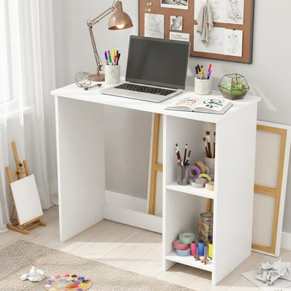 Tangkula Small White Desk with Shelves, Compact Desk for Small Space, Study Writing Table with 2 Tier Shelves, Modern Simple Style Laptop PC Table, White - color: White