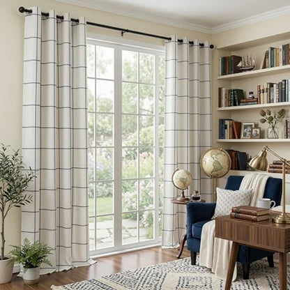 MYSKY HOME 100% Blackout Navy Blue Plaid Linen Farmhouse Curtains 84 Inches Long 2 Panels Set Double Layer Thermal Insulated Checkered Patterned Drapes for Living Room Bedroom, W52 Each Panel - color: Navy Blue, size: 52"W x 84"L (Pack of 2)