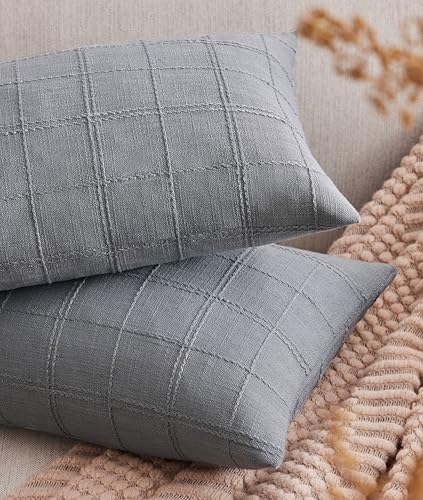 Linen Checked Lumbar Throw Pillow Covers Set of 2, 12x20 Inch Allover Grid Blue Ashes, Farmhouse Decorative Double Sided Grid Embroidered Couch Pillow Cases Blue Cotton Linen Cushion Covers - color: Allover Grid Blue Ashes, size: 20" x 12" (Pack of 2)