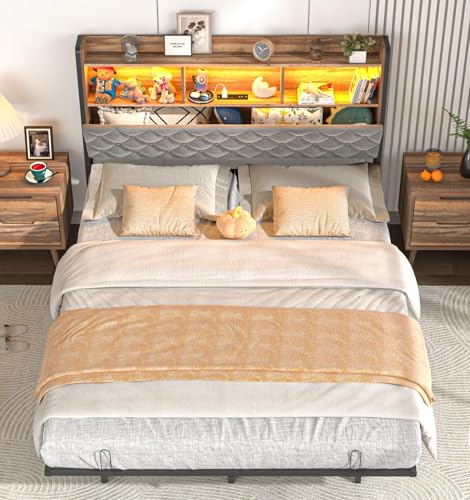 Squireewo Queen Size Bed Frame with Storage Bookcase Headboard - Metal Platform Bed, LED Light and Charging Station, No Box Spring Needed, Heavy Duty Steel Slats for Bedroom, Dorm, Vintage Brown - color: Vintage Brown, size: Queen