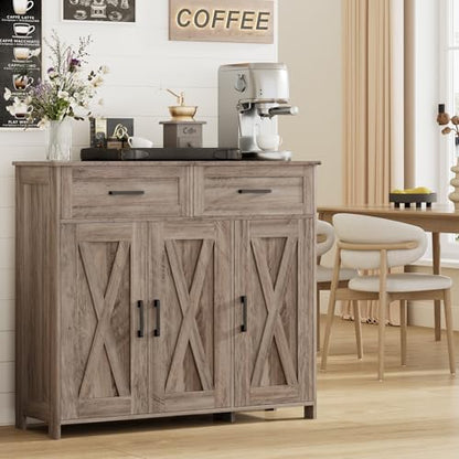 Homhedy Coffee Bar Storage Cabinet with Drawers, Kitchen Buffet Cabinet | Sideboard Cabinet with Doors, Farmhouse Buffet Cabinet, Adjustable Shelves, for Kitchen / Dining / Living Room, Greige - color: Greige