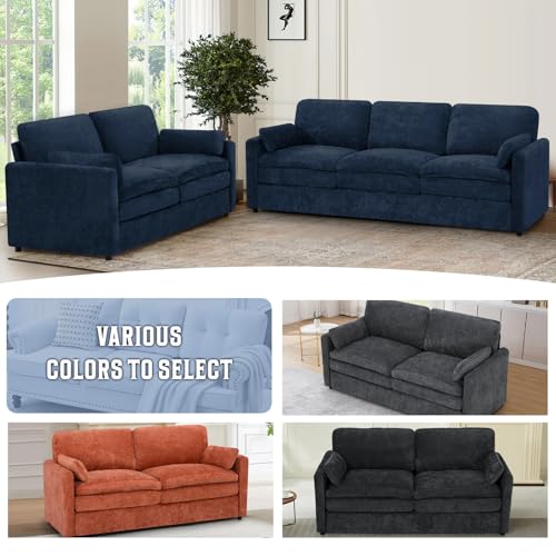 69" Chenille Modern Couch with Cozy & Soft Backrests, Blue | 2 Seats Sofa with 2 Extra Pillows, Comfy Upholstered Sofa with Thicker Cushions for Living Room, Office - color: Blue, size: Loveseat