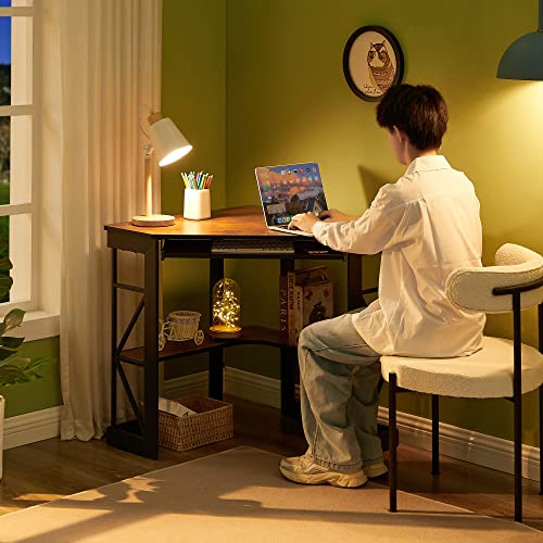 VECELO Corner Desk Computer Desk Writing Table with Smooth Keyboard Tray & Storage Shelves,Compact Home Office Triangle Table,Teak